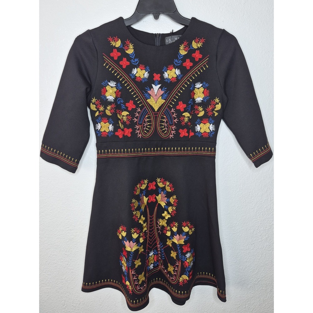 NWT Lai Meng FiveCats Embroidered Dress Womens Medium Black Floral 3/4 Sleeve